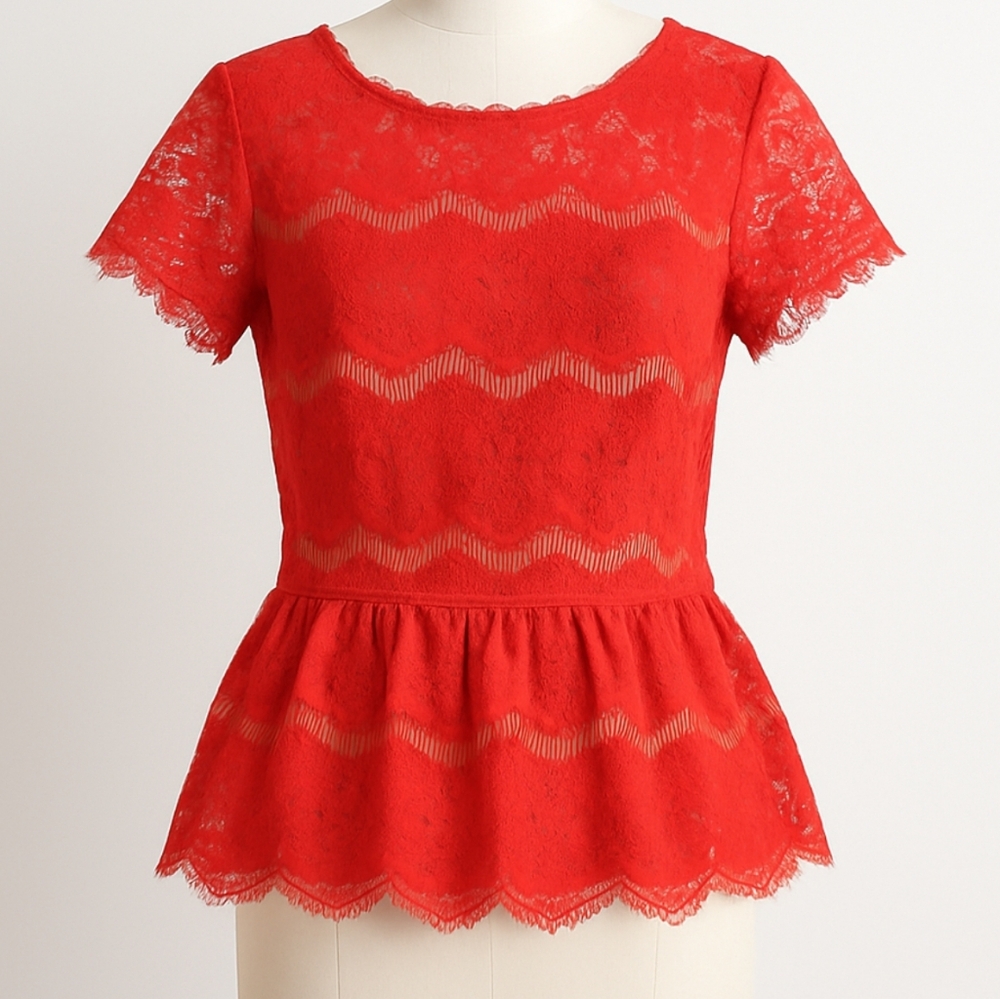 Maeve‎ Vibrant Coral Lace Peplum Blouse